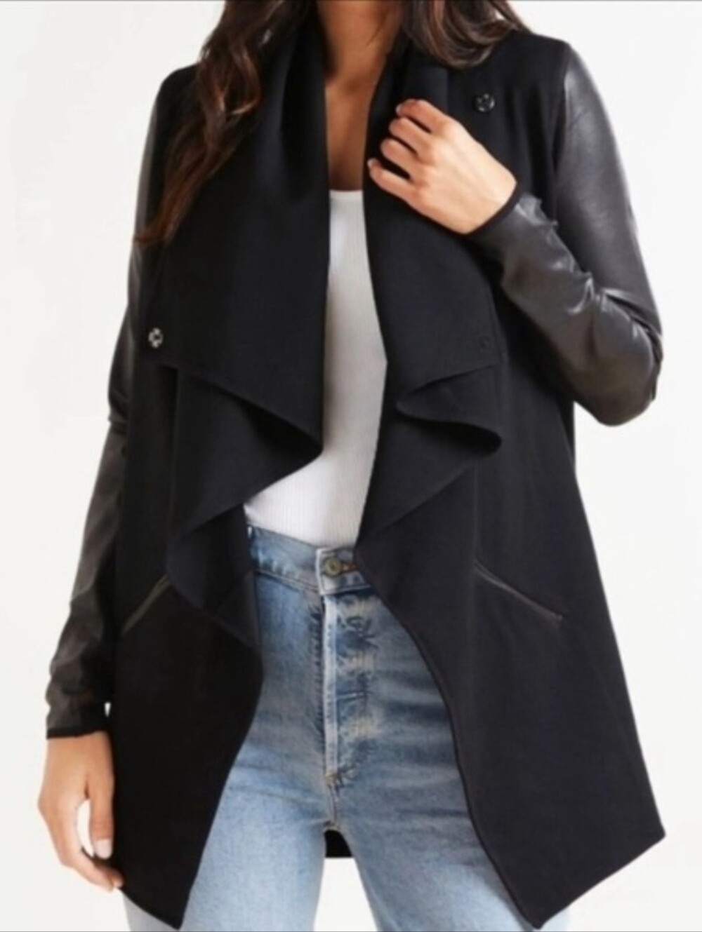 EUC SPANX Black Draped Open-Front Jacket with Faux Leather Sleeves XL